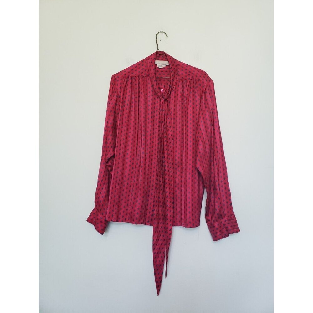 Vtg Evan Picone Women 10 Secretary Blouse Red Geometric Bow Neck Office Career